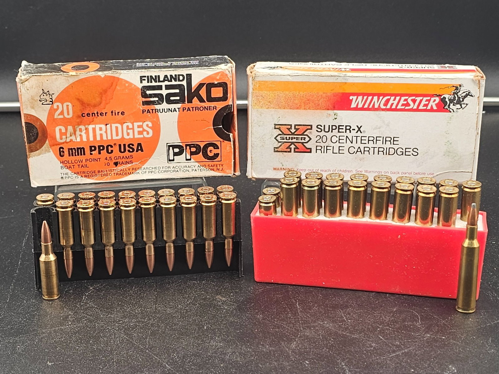 Finland Sako/Winchester Center-Fire Cartridges: 2 boxes, 1 each: Finland Sako 6mm PPC centerfire rounds, Winchester Super-X 6mm REM Centerfire Rifle Cartridges