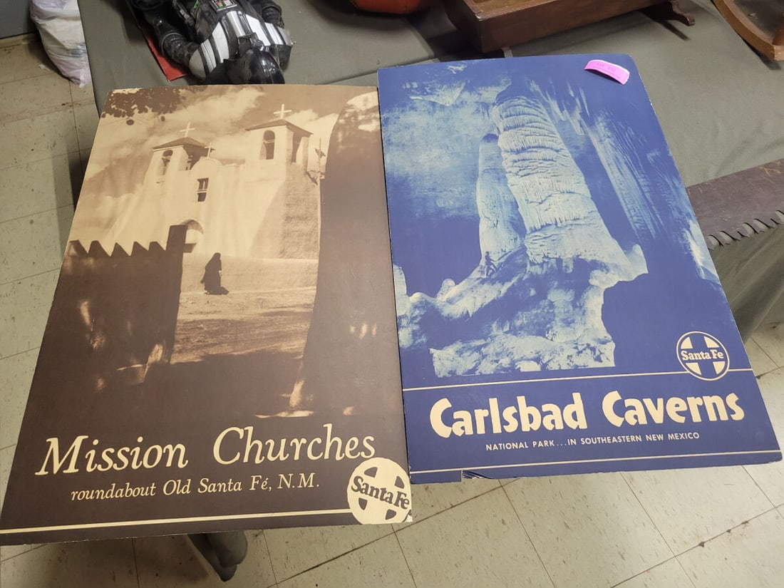 Collection of Four Santa Fe Railroad Travel Poster: A set of four promotional travel posters issued by the Santa Fe Railroad. The collection includes 'Mission Churches roundabout Old Santa Fé, N.M.', 'Carlsbad Caverns National Park&#