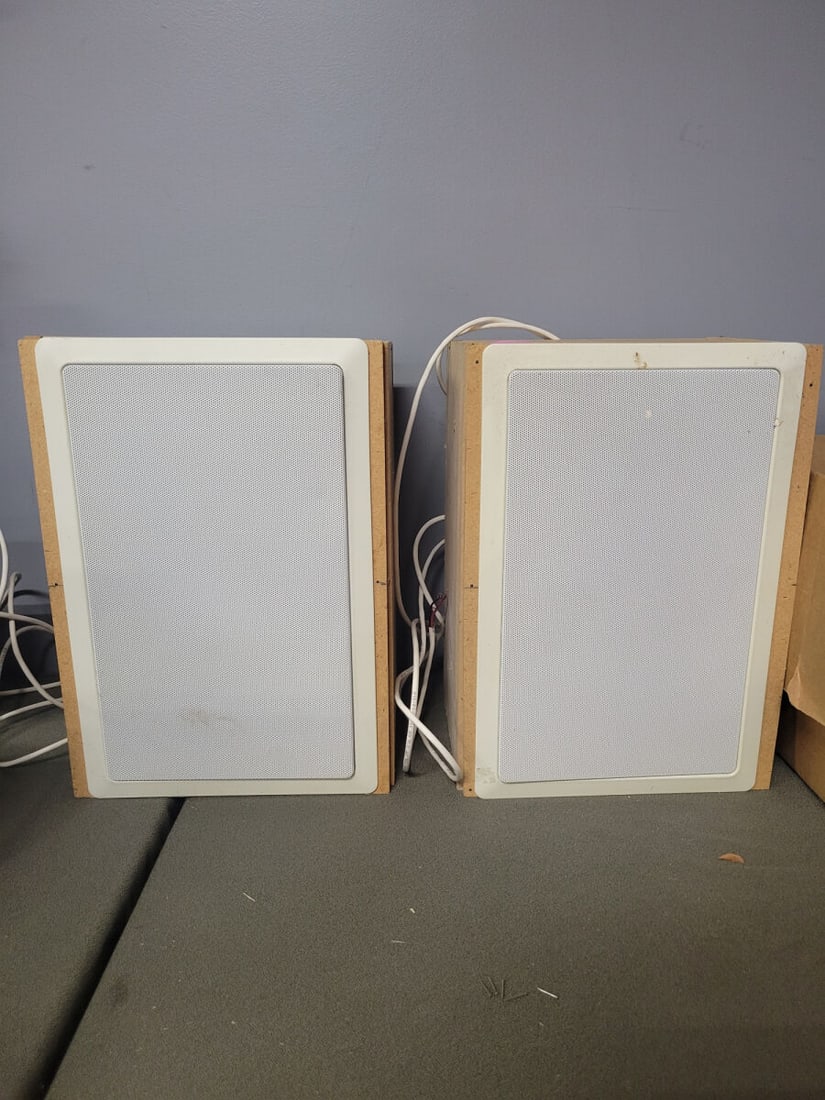 Pair of In-Wall Audio Speakers with Horn Tweeters: A pair of two-way in-wall audio speakers featuring horn-loaded tweeters and copper-colored woofers. Each unit includes integrated treble and bass adjustment switches on the front baffle. The speakers 