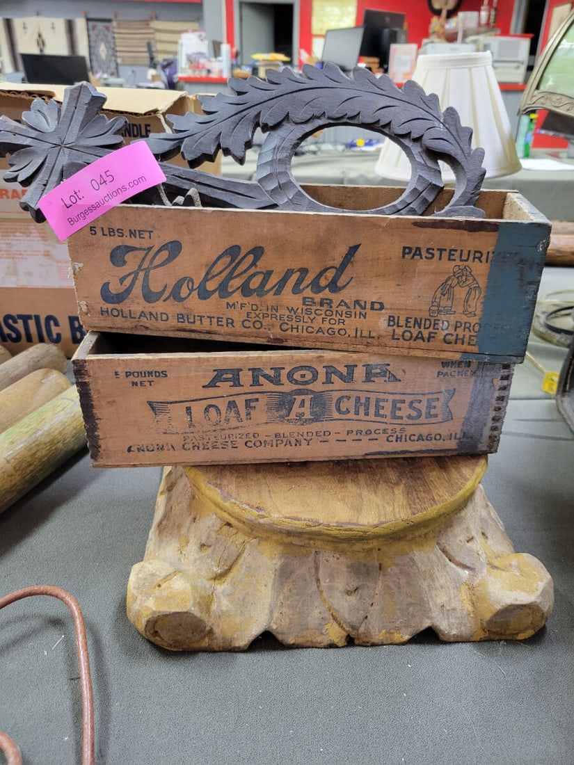 Collection of Two Wooden Cheese Crates and Carved (1 of 2)