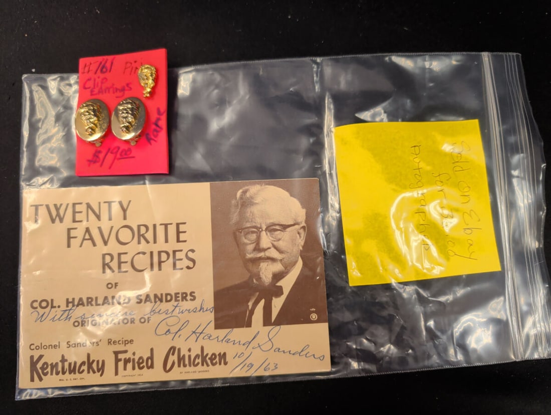 Colonel Harland Sanders Autographed Recipe Card an: A collection featuring a promotional card titled Twenty Favorite Recipes of Col. Harland Sanders, dated 10/19/63, bearing a signature attributed to Colonel Harland Sanders. The set also includes a