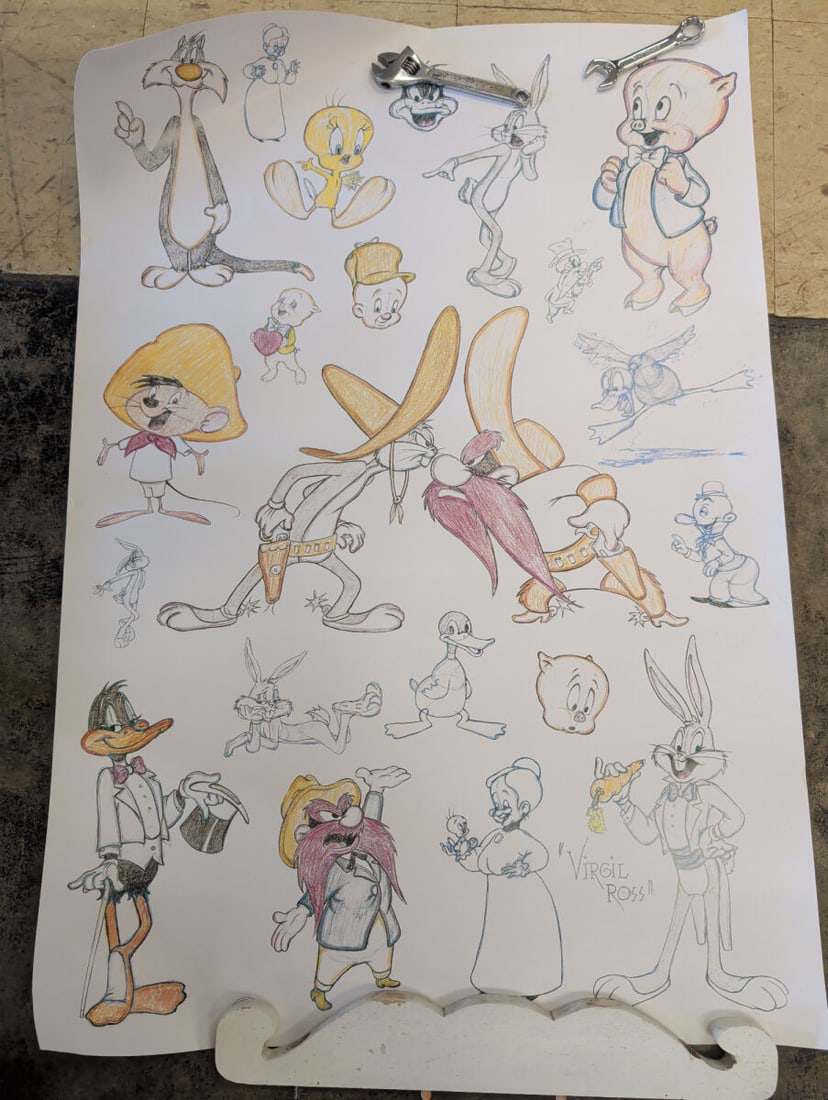 Warner Bros. Studio Bugs 'n Friends Offset Lithogr: A 1997 offset lithograph in color on wove paper titled Bugs 'n Friends, featuring various Warner Bros. characters. The work is signed in the plate by Virgil Ross. The piece measures 35 1/4 inches 