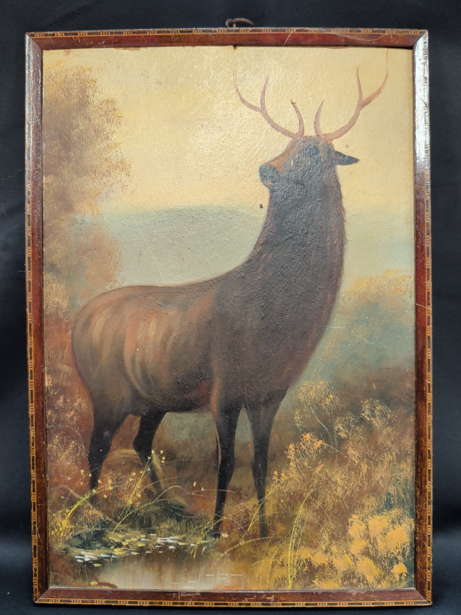 9x13" Victorian folk art oil on board painting of: 9x13" Victorian folk art oil on board painting of an Elk.