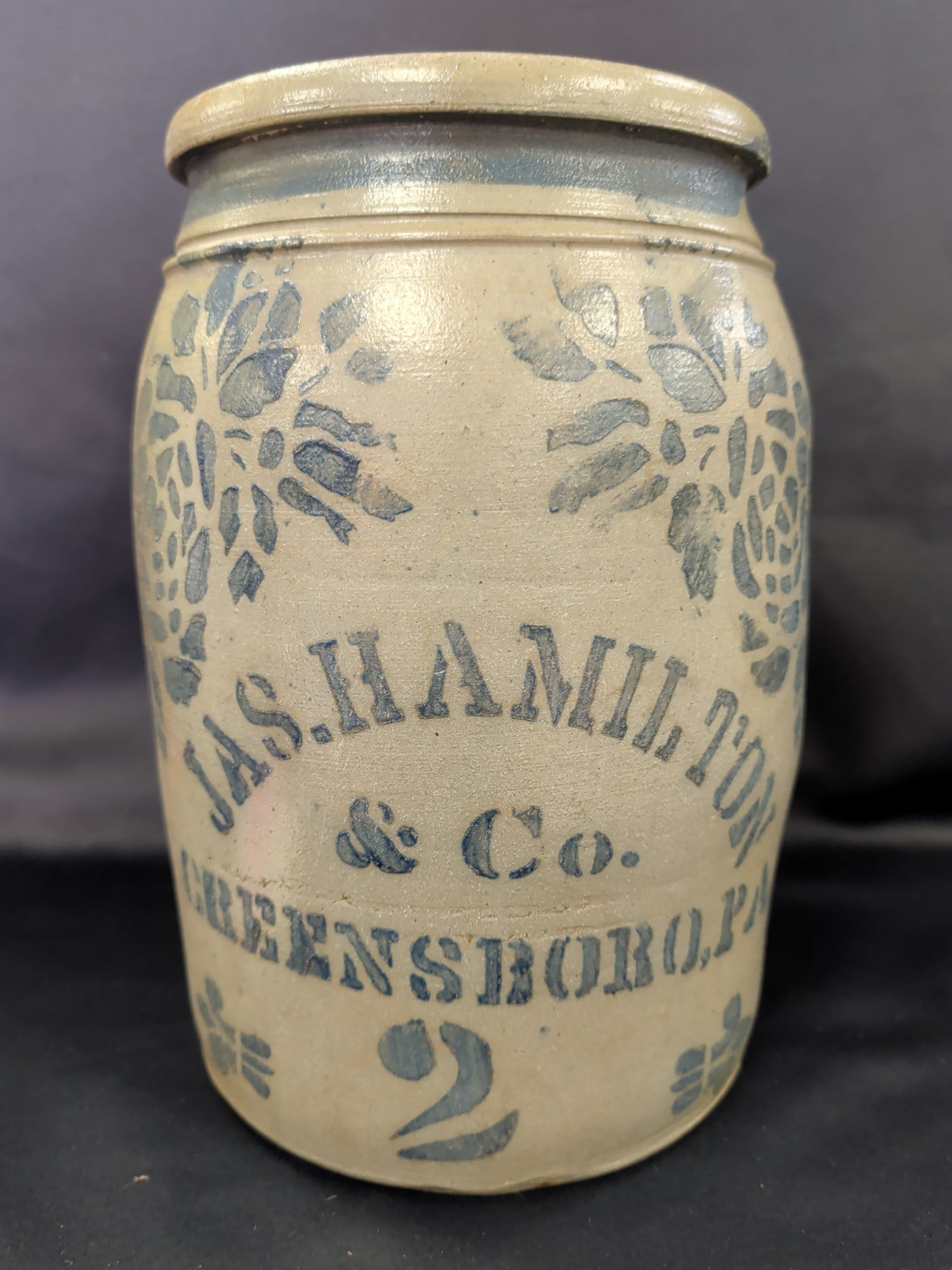 James Hamilton Greensboro, Pa. Stenciled Stoneware: Antique stoneware crock produced by James Hamilton of Greensboro, Pennsylvania, featuring the desirable stenciled maker's mark. Hamilton was one of the most recognized Western Pennsylvania stoneware m