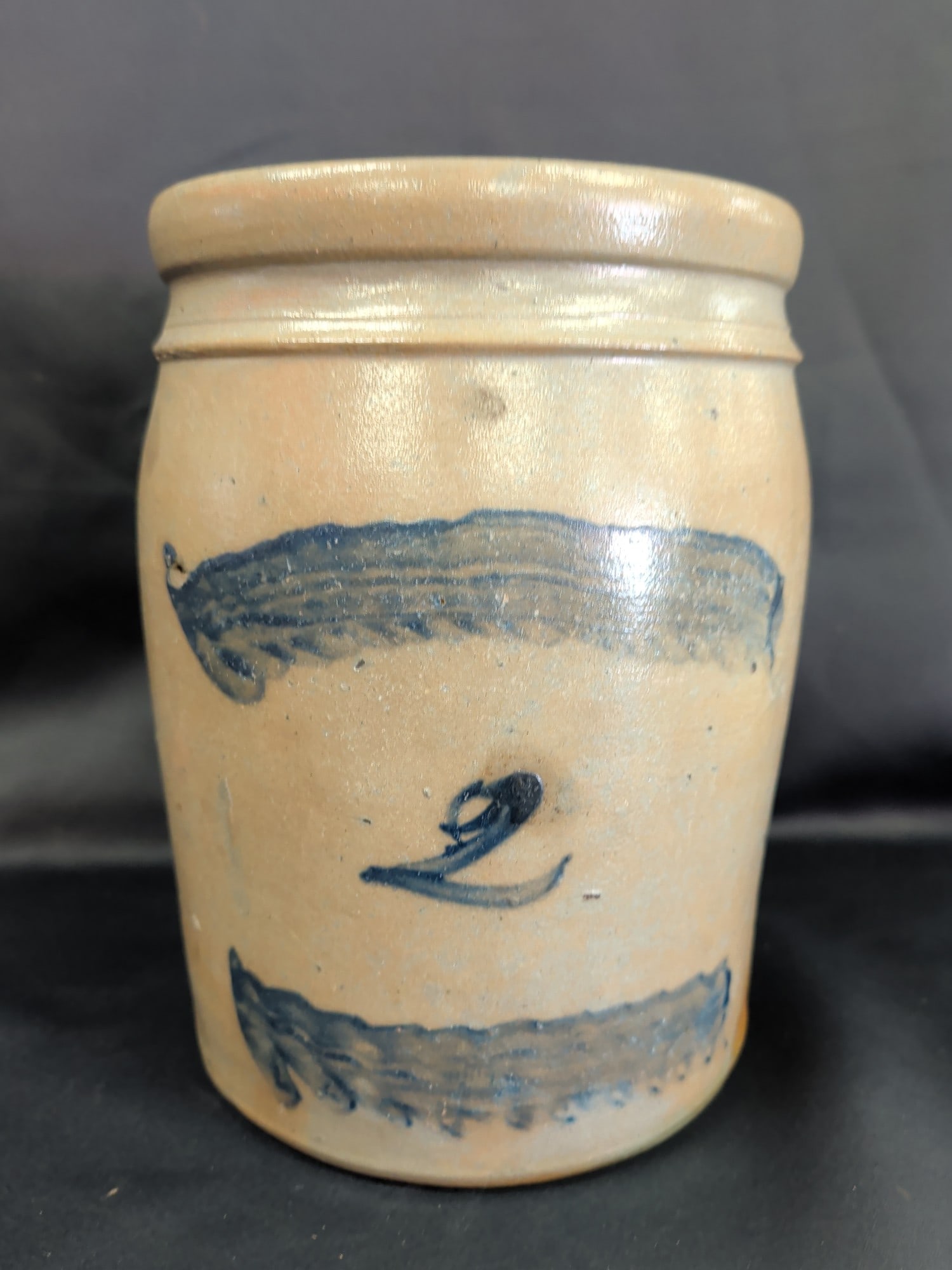 2 Gallon Pennsylvania Salt-Glazed Stoneware Crock: Antique 2 gallon Pennsylvania salt-glazed stoneware crock featuring bold hand-painted cobalt blue brushed band decoration with a freehand cobalt "2" capacity mark. The rolled rim, cylindrical form, an
