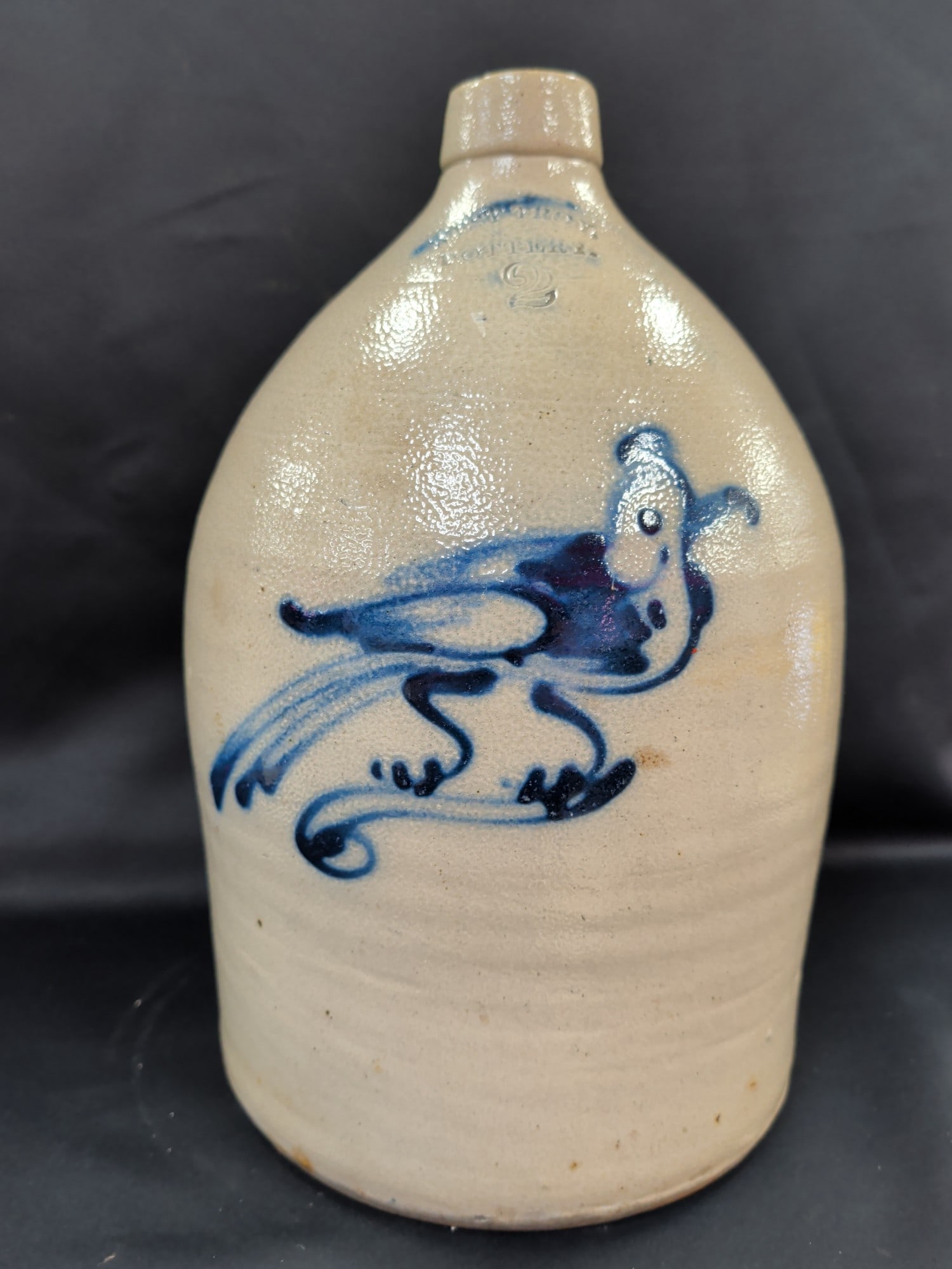 West Troy Pottery, New York 2 Gallon Salt-Glazed S: ntique 2 gallon salt-glazed stoneware jug manufactured by West Troy Pottery, New York. This exceptional example features a beautifully hand-painted cobalt blue bird perched on a scrolling vine, one of