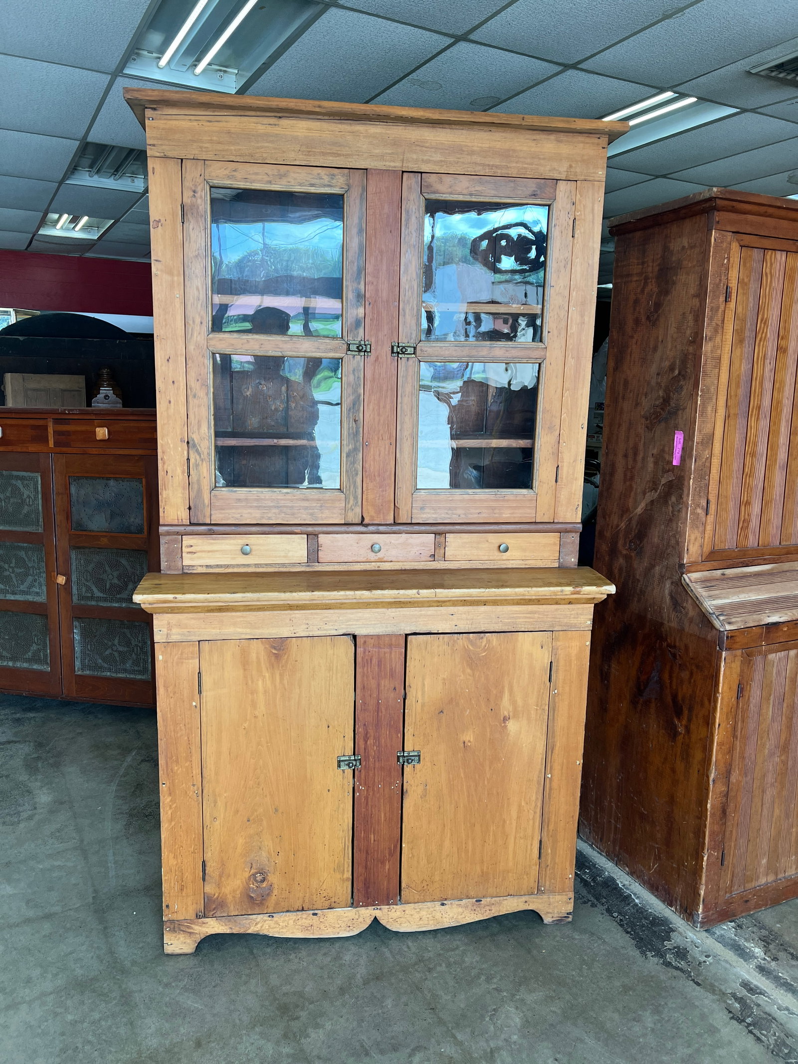 19th C. Primitive Stepback Cupboard w/ Wavy Glass (1 of 10)