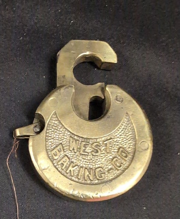 Brass Padlock with Key and Stamped West Baking Co. Text (1 of 4)