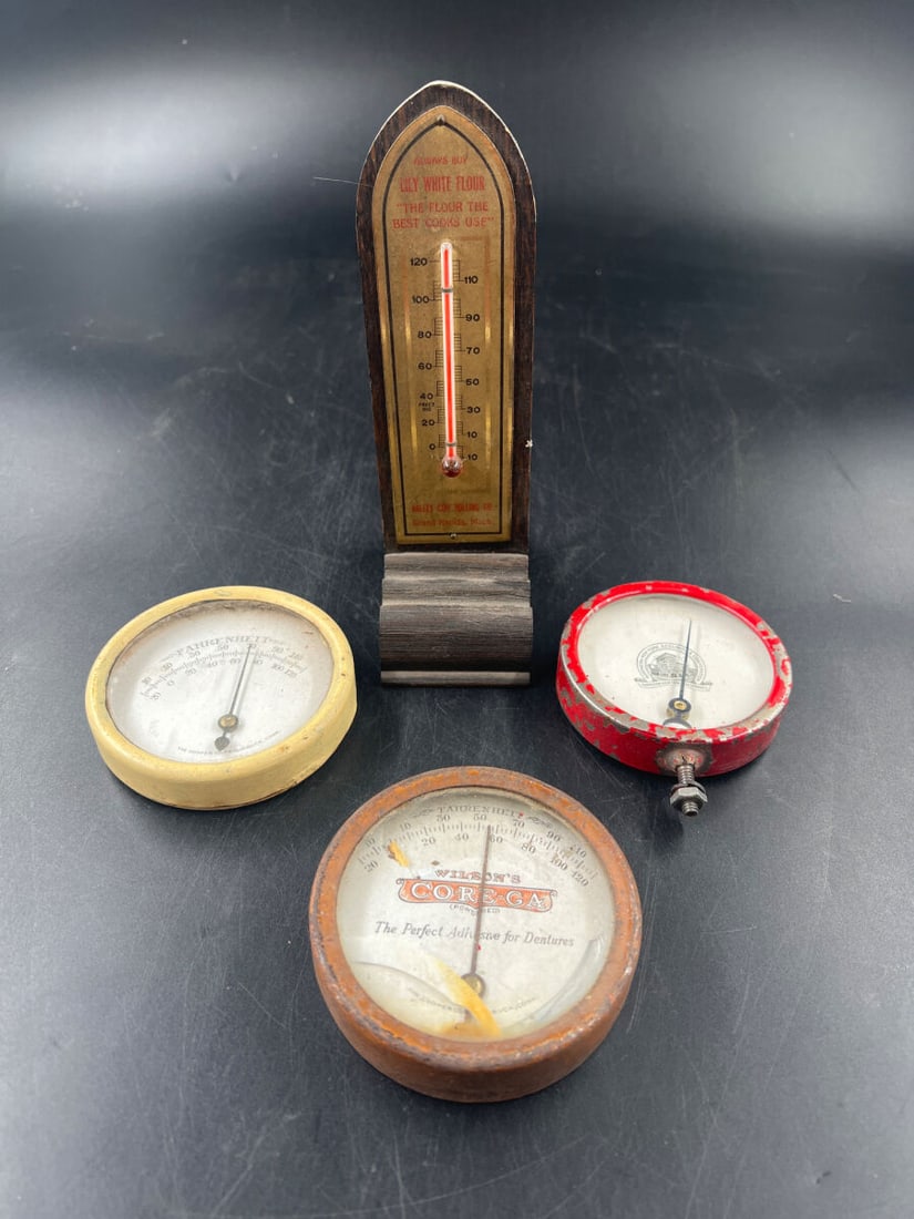 Collection of Four Advertising Thermometers including Lily White Flour and Wilson's Core-Ga (1 of 5)