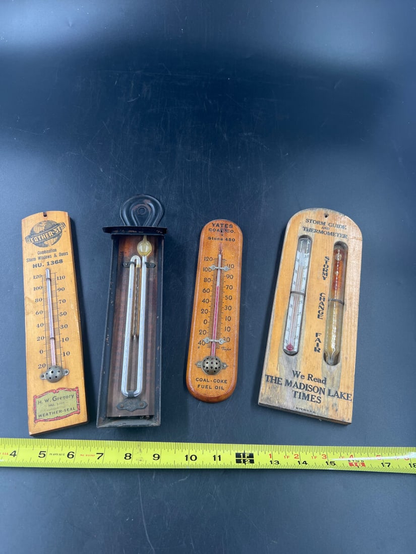 Collection of Four Advertising Thermometers including Weather-Seal and Yates Coal Co (1 of 5)