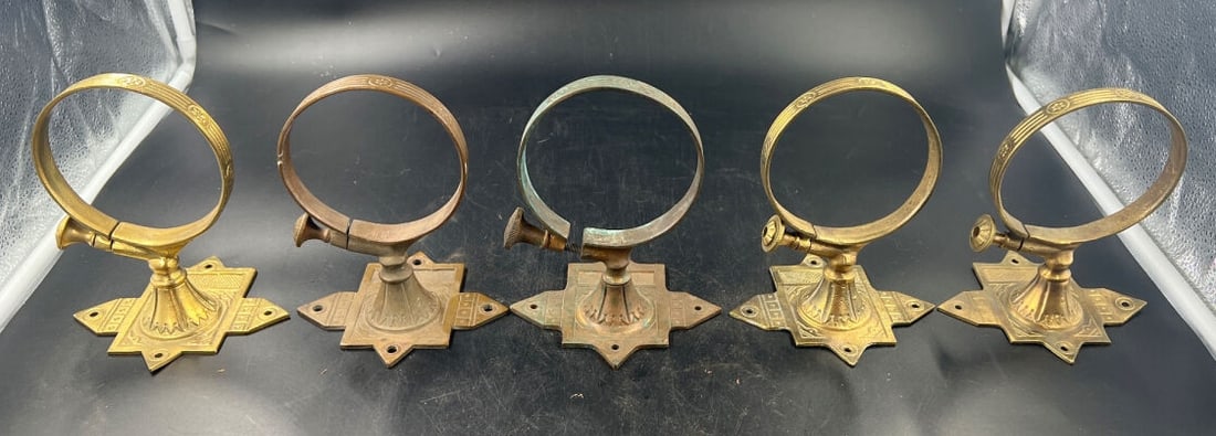 Set of Five Brass Wall Mount Ring Brackets with Decorative Backplates (1 of 4)