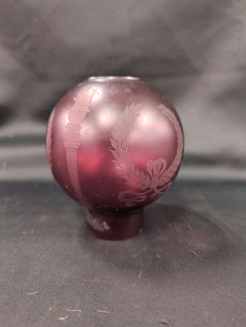 Cranberry Satin Glass Lamp Shade with Etched Torch and Laurel Wreath Design (1 of 4)