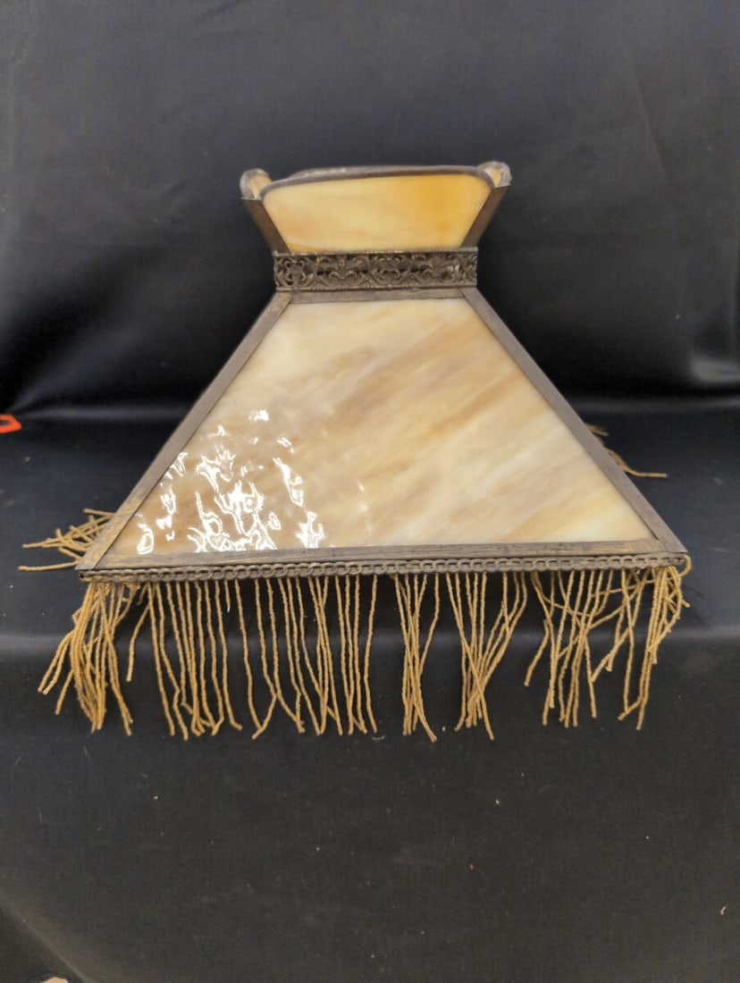 Leaded Slag Glass Lamp Shade with Beaded Fringe (1 of 4)
