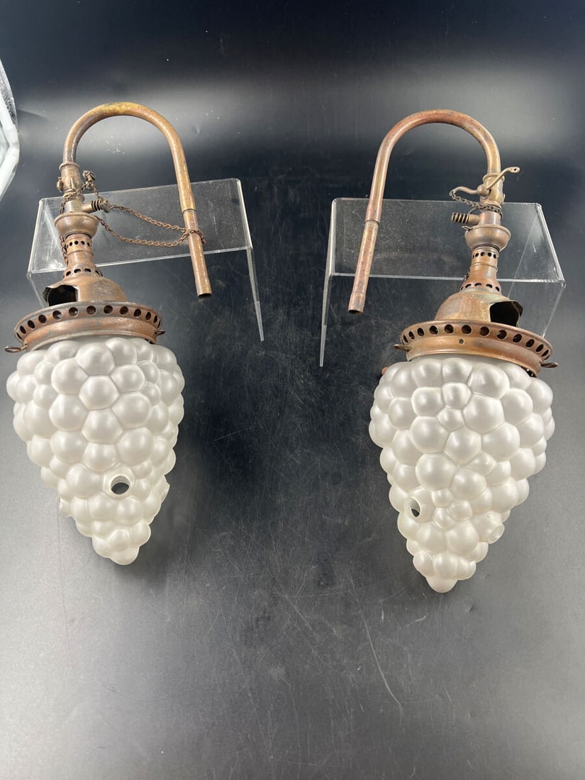 Pair of Reflex Hanging Gas Lights with Frosted Grape Form Glass Shades (1 of 6)