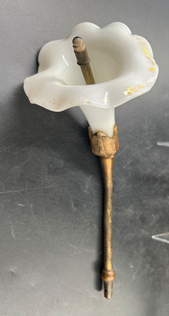 Milk Glass Flower Lamp Shade with Metal Stem and Leaf Base