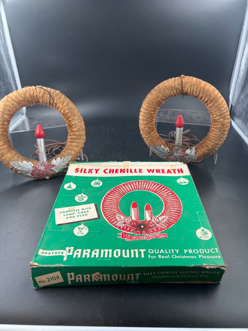 Paramount Silky Chenille Electric Christmas Wreaths with Original Box and Lights: Set of Paramount Silky Chenille Electric Christmas Wreaths, Model No. 210A, complete with original packaging box, electric cords, and built-in candle light fixtures featuring red bulb covers and poins