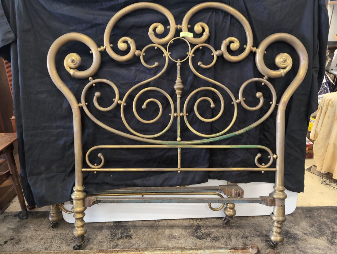 Ornate Brass Scrollwork Bed Frame with Headboard, Footboard, and Rails (1 of 4)