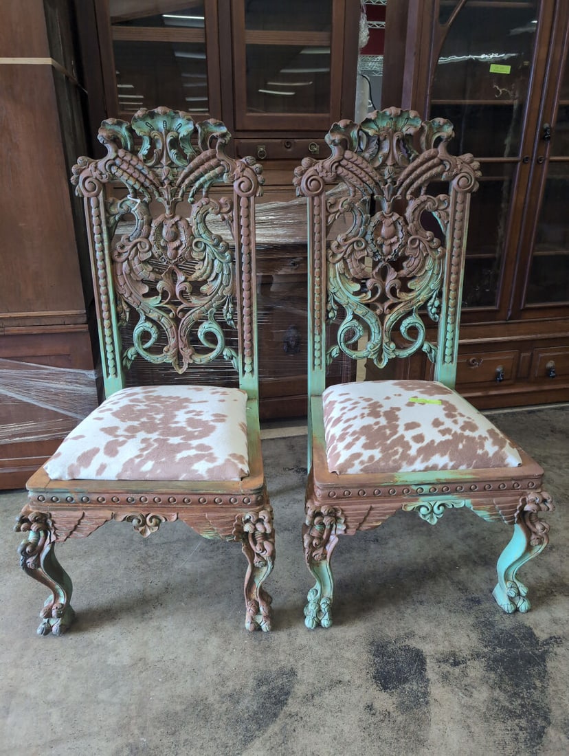 Pair of Ornate Carved Wood Chairs with Cowhide Upholstery (1 of 5)
