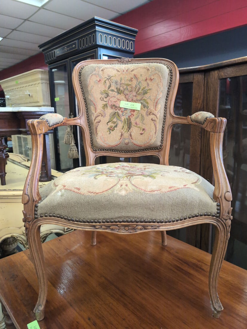 Carved Wood Armchair with Floral Needlepoint Upholstery (1 of 3)