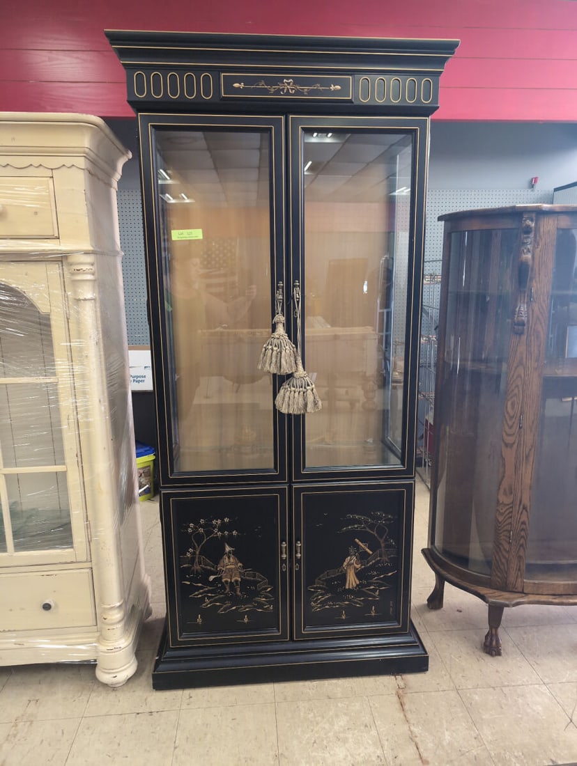 Black Lacquered Chinoiserie Display Cabinet with Glass Doors and Lower Storage (1 of 4)