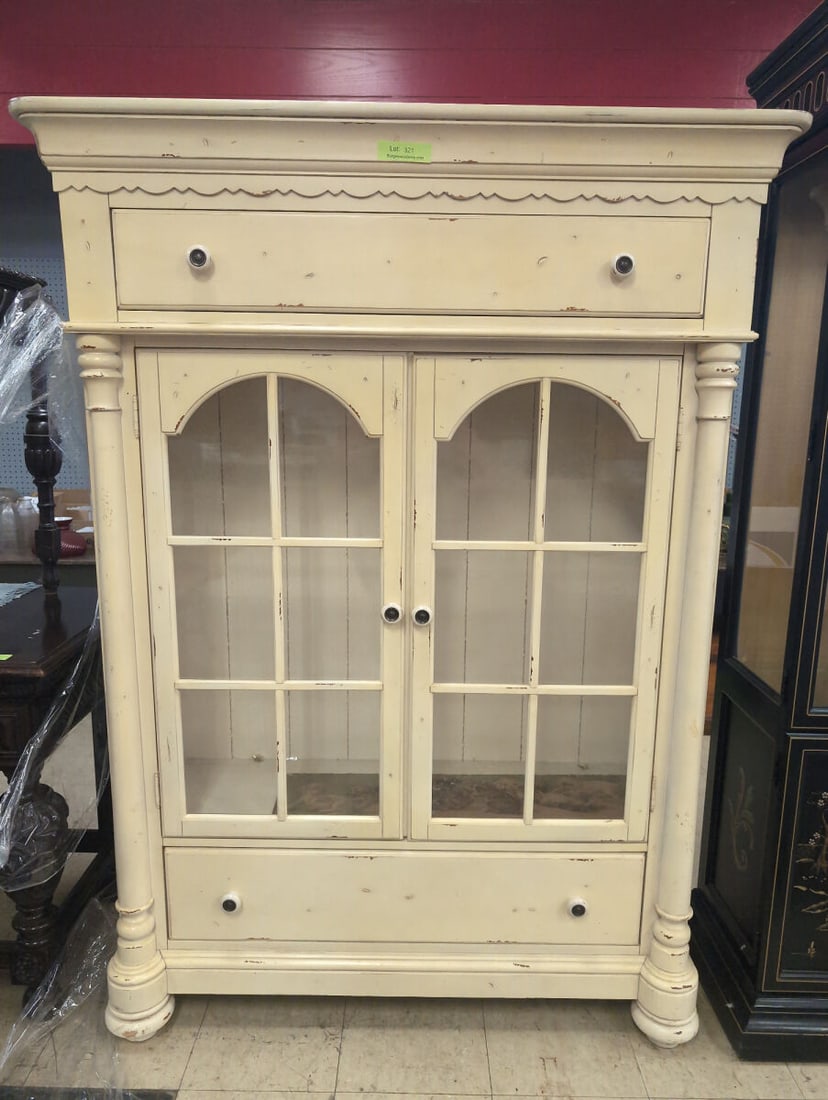Cream Distressed Finish Wooden Armoire Cabinet with Glass Paneled Doors and Interior Light (1 of 3)