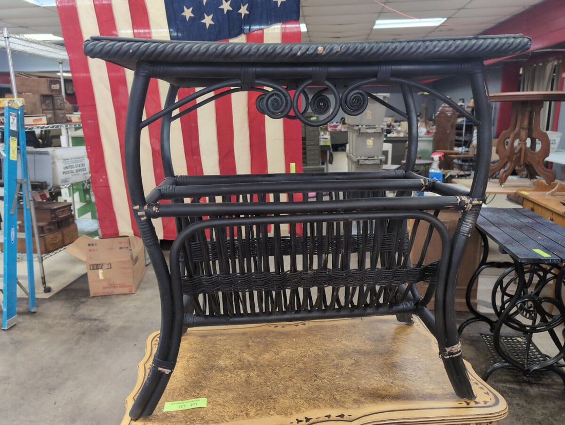 Black Wicker and Bamboo Side Table with Integrated Magazine Rack: Black painted wicker and bamboo side table featuring an integrated magazine rack underneath. The rectangular top has a rope-twist border and decorative scrollwork details below the tabletop.