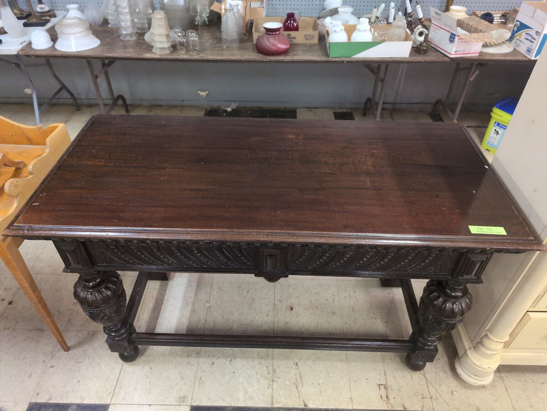 Antique Renaissance Revival Carved Library Table with Turned Legs (1 of 4)