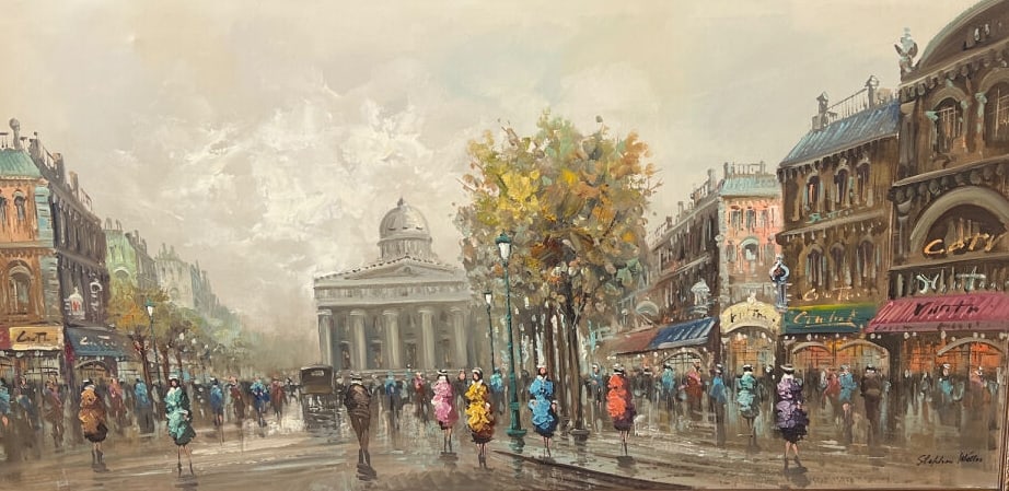Large Framed Paris Street Scene Oil Painting by Stephen Welles: Large original oil painting on canvas depicting a bustling Parisian street scene with classic architecture, pedestrians in colorful coats, and a grand domed building in the background. Signed in the l