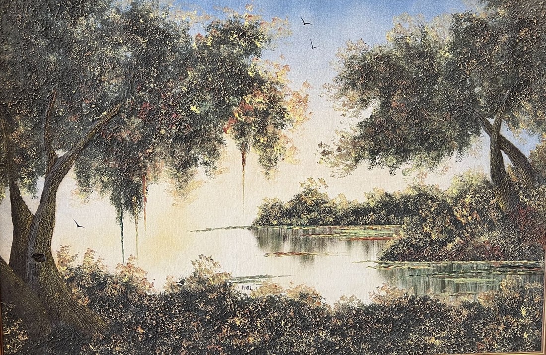 Signed Perez Heavy Impasto Lake Landscape Painting on Canvas (1 of 6)