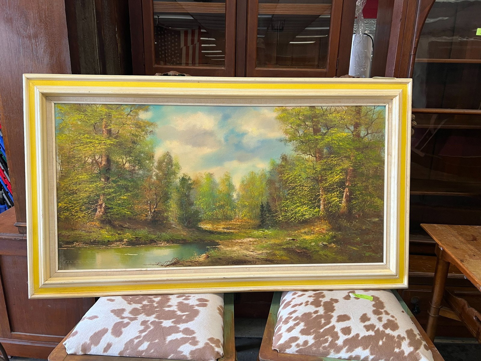 Karl Gatermann the Younger (1909–1992) Signed Woodland Pond Landscape Oil on Canvas: Karl Gatermann the Younger (German, 1909–1992), large oil on canvas depicting a sunlit woodland landscape with a quiet pond or stream in the foreground, dense mature trees and an open blue sky with 