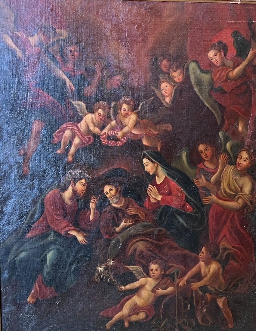 18th/19th C. Spanish Colonial School “Death of Saint Joseph" Religious Oil on Wood Panel: Large devotional oil painting on wood panel depicting The Death, or Transit, of Saint Joseph. Saint Joseph reclines at center, attended by Christ and the Virgin Mary, with a surrounding host of angels