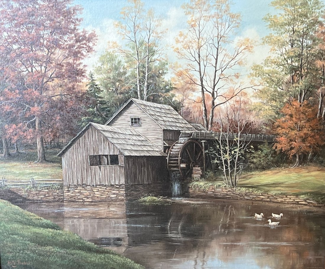 Anita Hoehne “Mabry Mill?? 2004 Signed Oil on Canvas Landscape: Anita Hoehne, Indiana artist, original oil on canvas titled “Mabry Mill,” dated October 2004. Detailed autumn landscape depicting the historic Mabry Mill with its wooden waterwheel beside a re