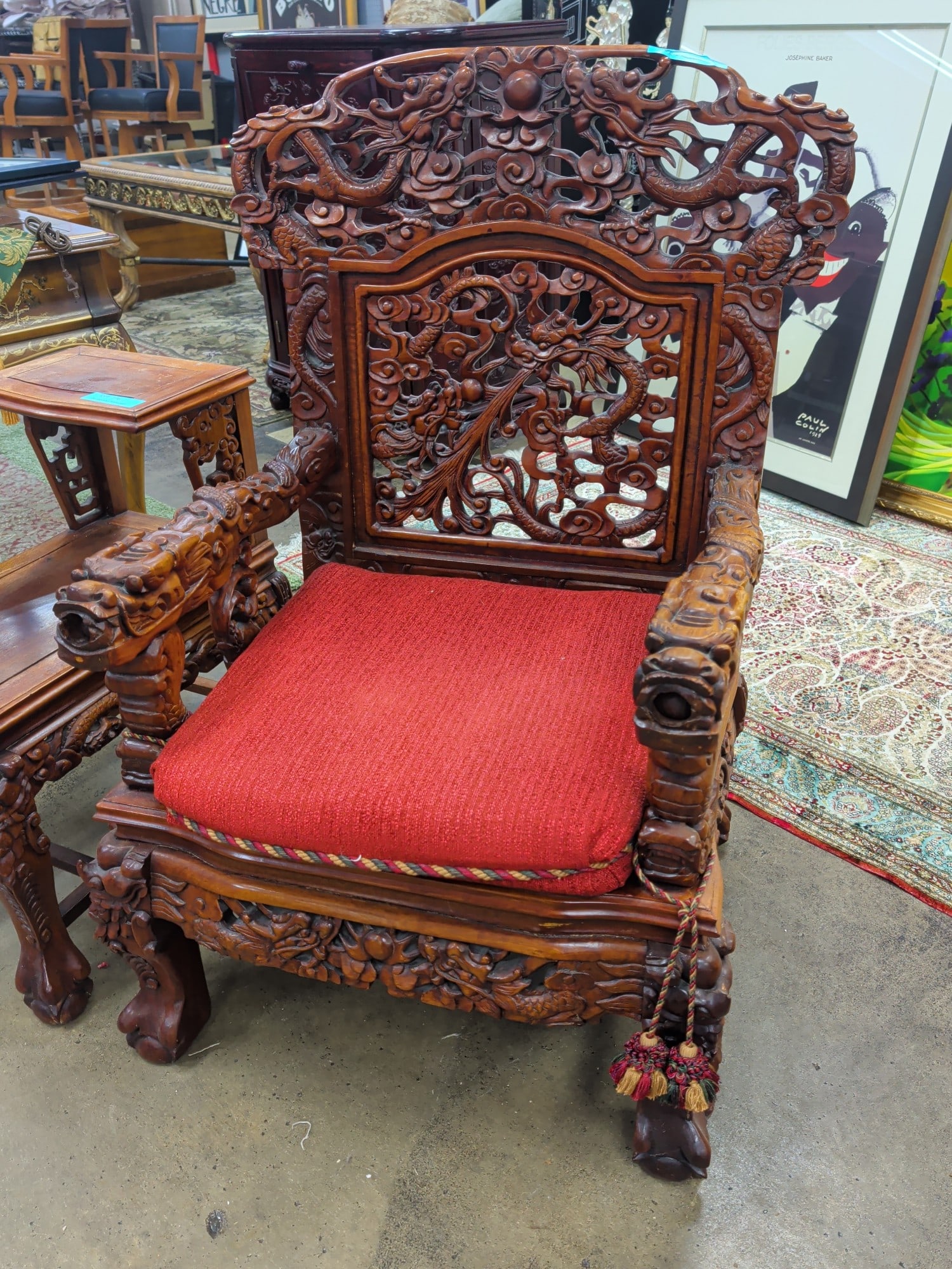 Chinese Carved Hardwood Dragon Armchair, 25 in.x31 in.x42 in.: Chinese Carved Hardwood Dragon Armchair, 25 in.x31 in.x42 in.