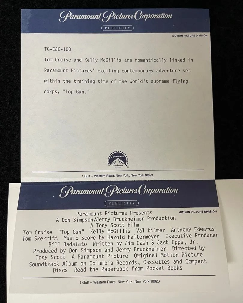 "Top Gun" Tom Cruise and Kelly McGillis Promotion: "Top Gun," featuring Tom Cruise and Kelly McGillis, comes complete with the original Paramount Pictures press sheets attached to the back of each photo.