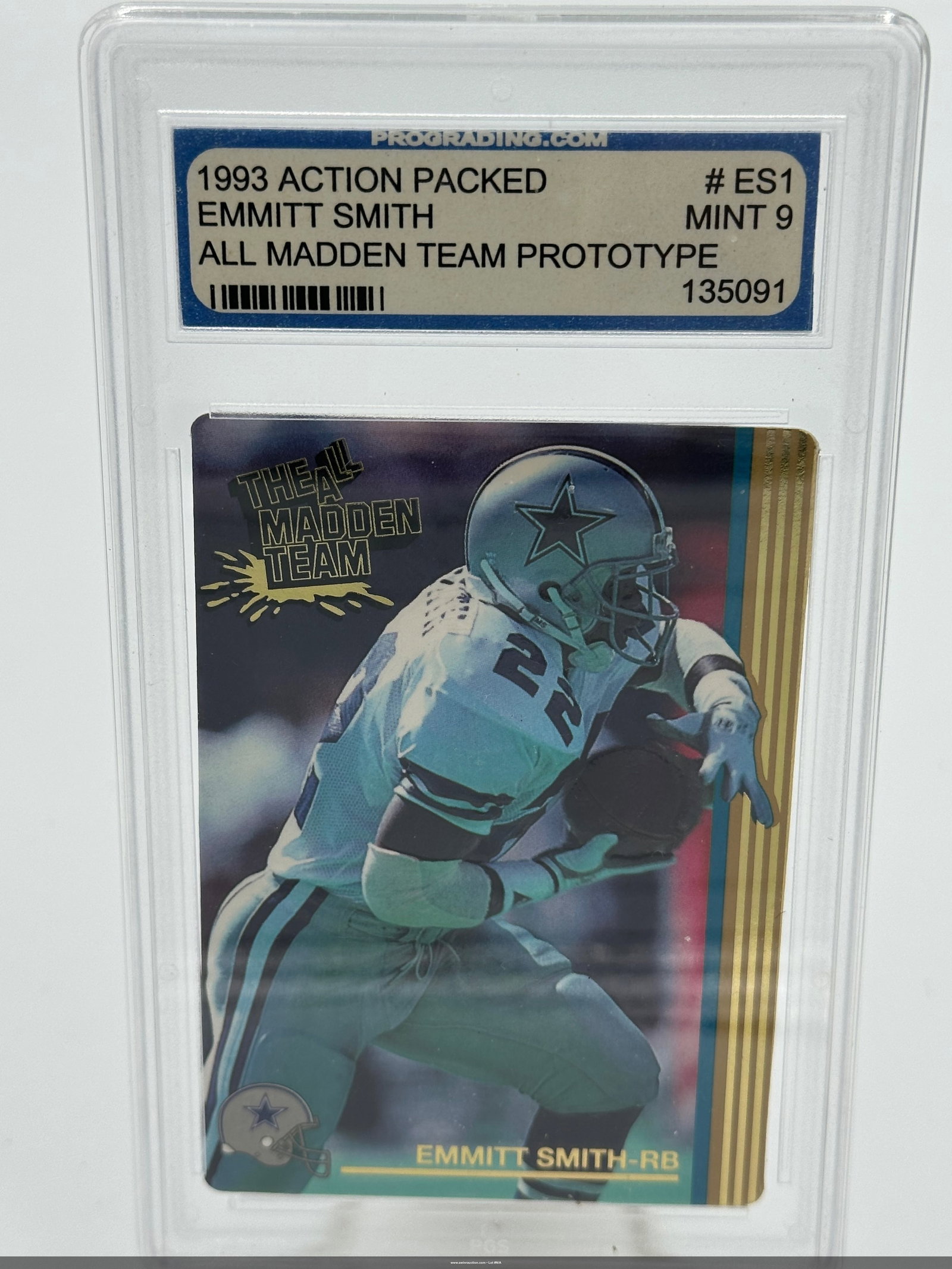 RARE-1993 Action Packed Emmitt Smith All Madden Team Prototype: This collectible sports card features Emmitt Smith, a celebrated running back, depicted on a 1993 Action Packed card. It is labeled as a prototype of the All Madden Team series, bearing the card numbe