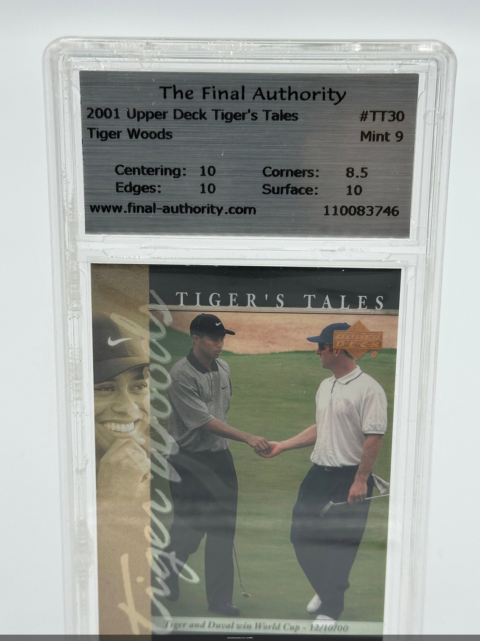 Tiger Woods & David Duval World Cup Card: This is a 2001 Upper Deck Tiger's Tales trading card featuring Tiger Woods, graded Mint 9. The card is identified as #TT30 and showcases a memorable moment with Tiger Woods and another player. It show