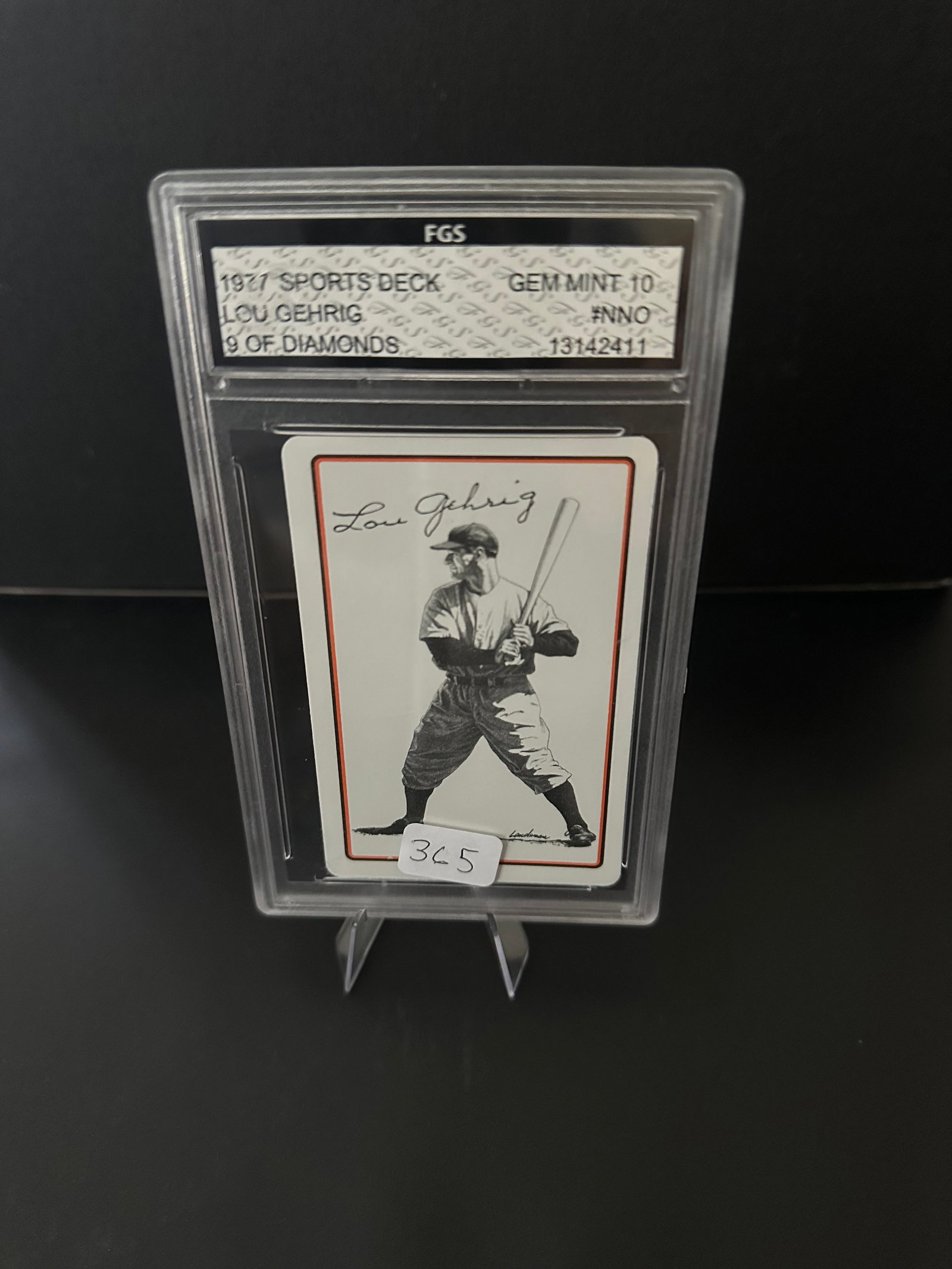 1977 Lou Gehrig Sports Deck Card - Gem Mint 10: Graded 1977 Lou Gehrig card from the Sports Deck series, featuring the iconic baseball player in a classic batting pose. The card is graded as Gem Mint 10, indicating exceptional condition. It bears t