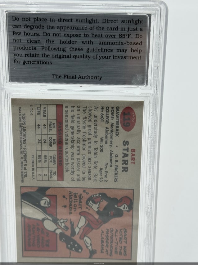 Bart Starr 1961 Football Trading Card: 2001 Topps Archives trading card featuring Bart Starr from the 1957 collection. Graded Mint 9, it showcases a stunning image of Starr in his uniform and includes his name prominently displayed. The ca