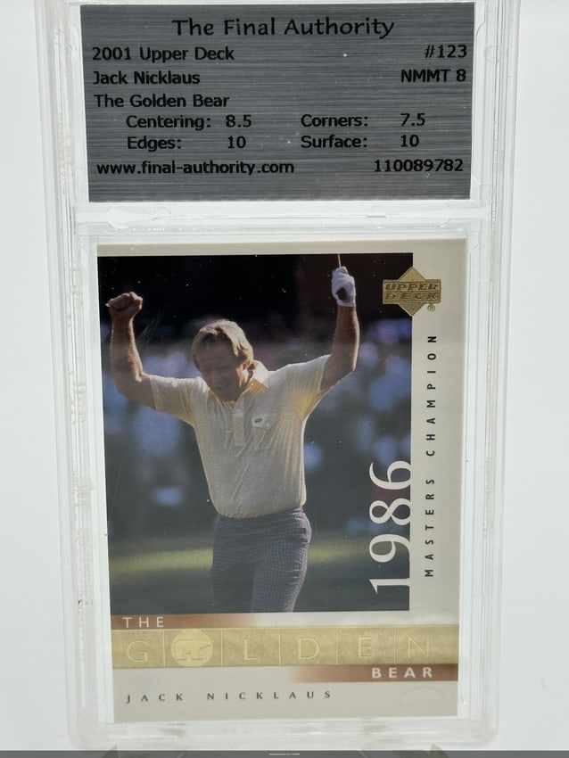 2001 Upper Deck Jack Nicklaus Sports Card: 2001 Upper Deck sports trading card featuring the legendary golfer Jack Nicklaus, also known as 'The Golden Bear'. The card number is #123 and showcases Nicklaus celebrating after winning the 1986 Mas
