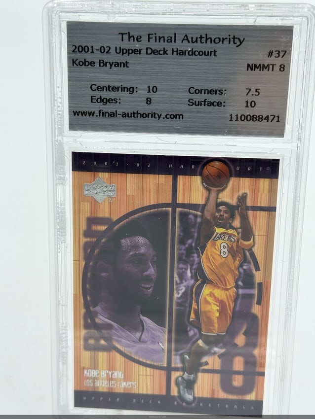 2001-02 Upper Deck Kobe Bryant Basketball Card: 2001-02 Upper Deck Hardcourt #37 trading card featuring NBA superstar Kobe Bryant of the Los Angeles Lakers. The card has been graded NM-MT 8, showcasing excellent condition with perfect centering of 