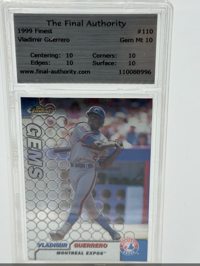 1999 Finest Vladimir Guerrero #110 Gem Mint 10: 1999 Finest Vladimir Guerrero card, numbered #110. The card is graded Gem Mint 10, indicating perfect condition with a grading scale score of 10 for centering, corners, edges, and surface. This collec