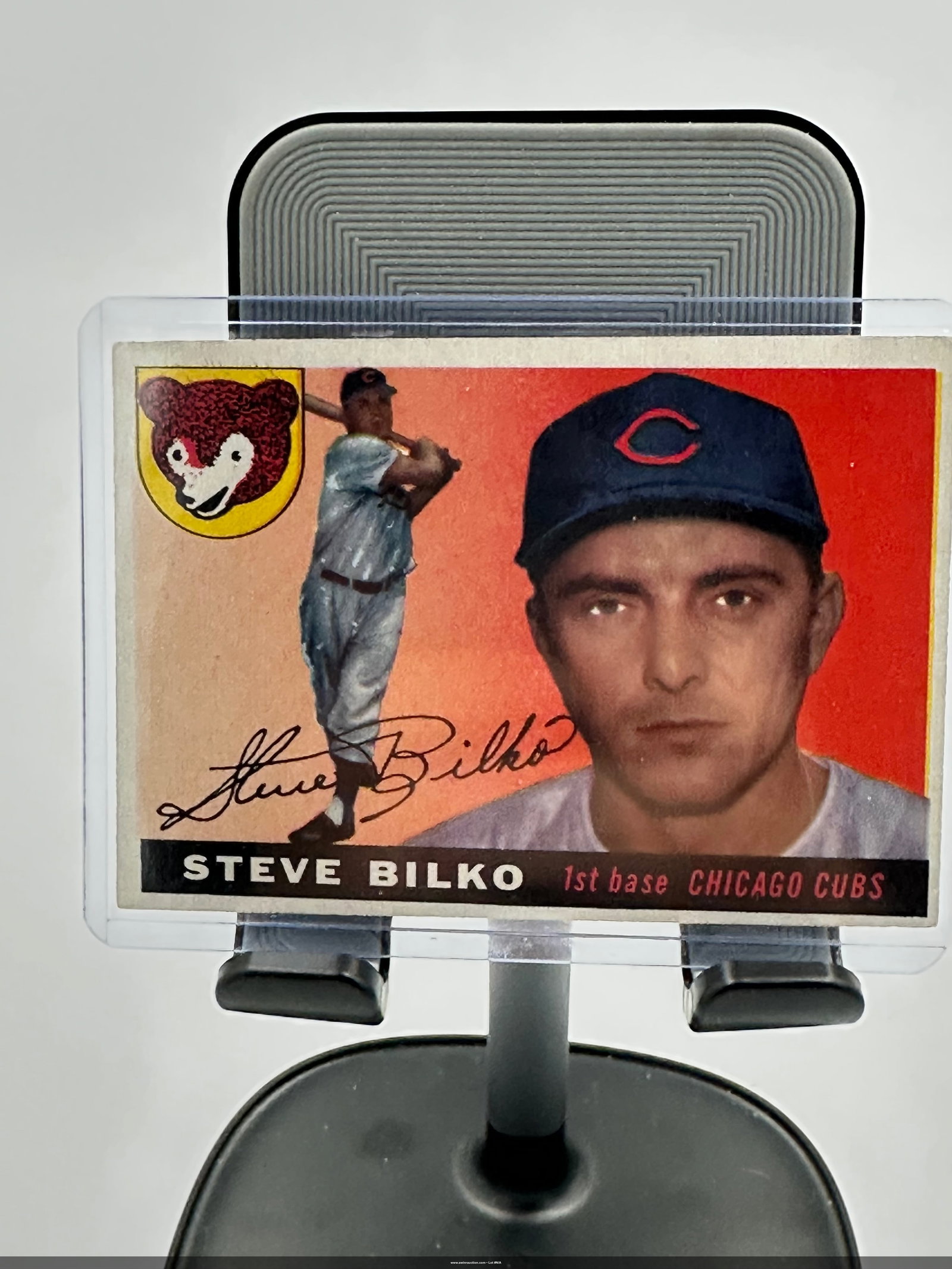 1955 Steve Bilko Chicago Cubs Baseball Card: Vintage baseball trading card featuring Steve Bilko, who played as a first baseman for the Chicago Cubs. The card showcases Bilko's portrait and includes his signature, as well as the Cubs logo. The c