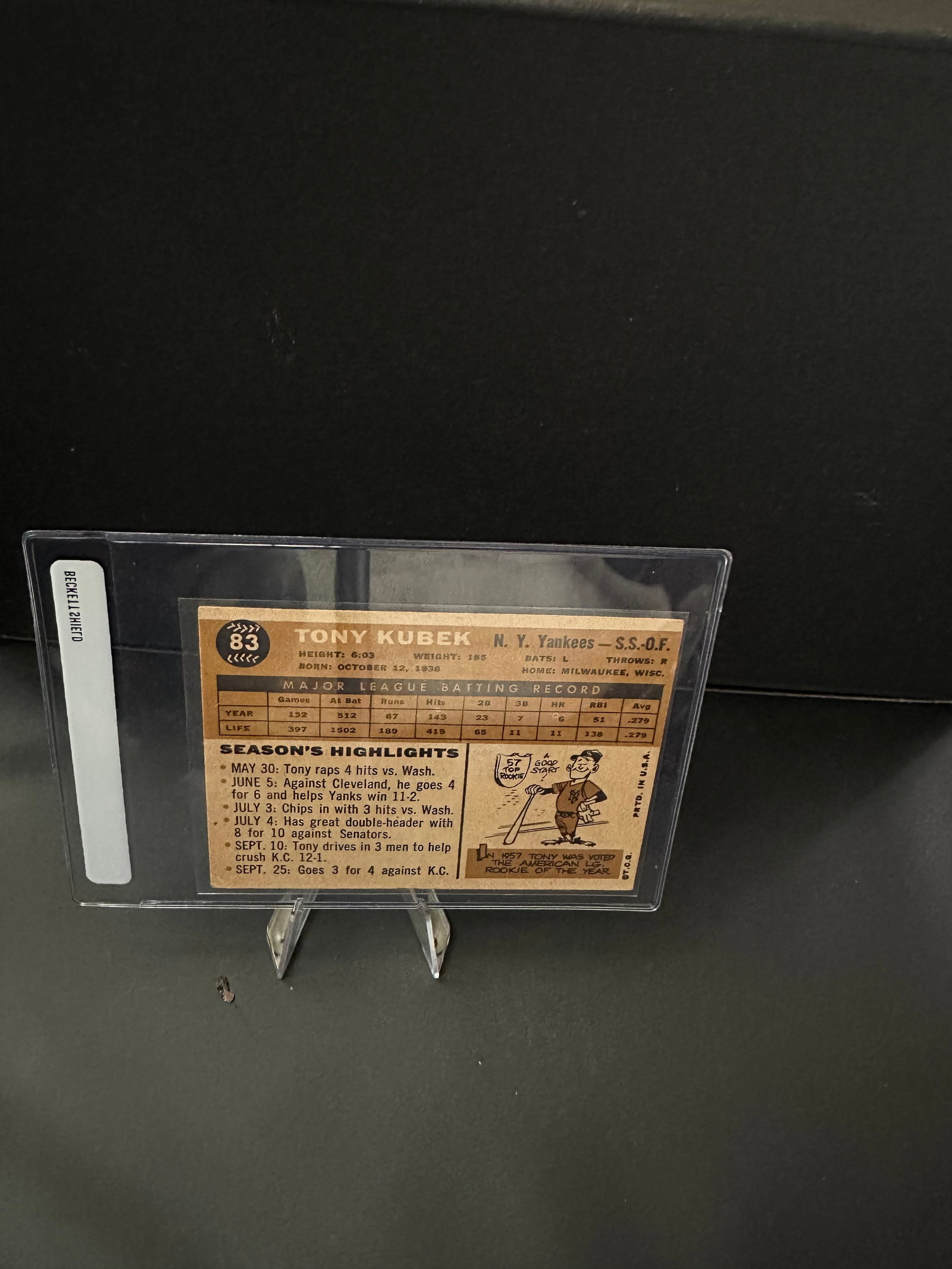 1960 Topps Tony Kubek Baseball Card: Vintage 1960 Topps baseball card featuring Tony Kubek, who played as a shortstop for the New York Yankees. The card displays vibrant colors with Kubek's image prominently featured, highlighting his ro