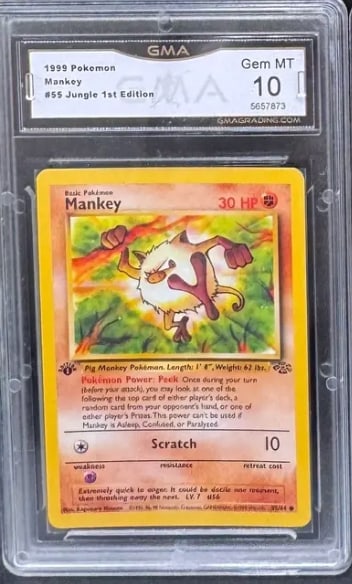1999 POKEMON JUNGLE 1ST EDITION - MANKEY #55 ENGLISH: 1999 POKEMON JUNGLE 1ST EDITION - MANKEY #55 ENGLISH. SHIPPING: If you DO NOT want Live Shipping You need to Opt out of live shipping and choose ARRANGE YOUR OWN SHIPPING. Awinr Auctions uses UPS for 