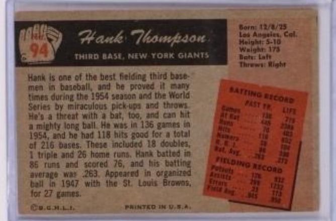 1955 Bowman Baseball Card - Hank Thompson: Vintage 1955 Bowman baseball card featuring Hank Thompson, depicted in a batting pose. The card showcases vibrant colors typical of the Topps series from this year, framed with a retro wood-like desig