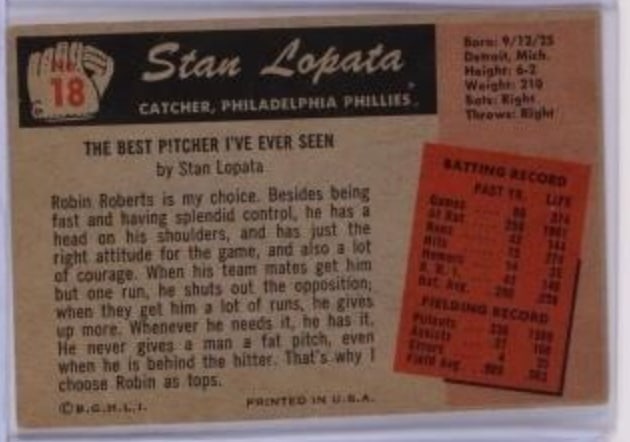 1955 Bowman Stan Lopata Baseball Card: Vintage 1955 Bowman Stan Lopata baseball card featuring the player in his catcher gear, prepared to receive a pitch. The card showcases a classic design with a wooden frame aesthetic and prominently d