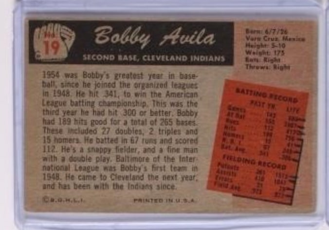 1954 Bowman Baseball Card - BOBBY AVILA: 1955 Bowman baseball card featuring player BOBBY AVILA , who played for the Cleveland Indians. The card is notable for its vintage design and features a classic depiction of the player throwing a base