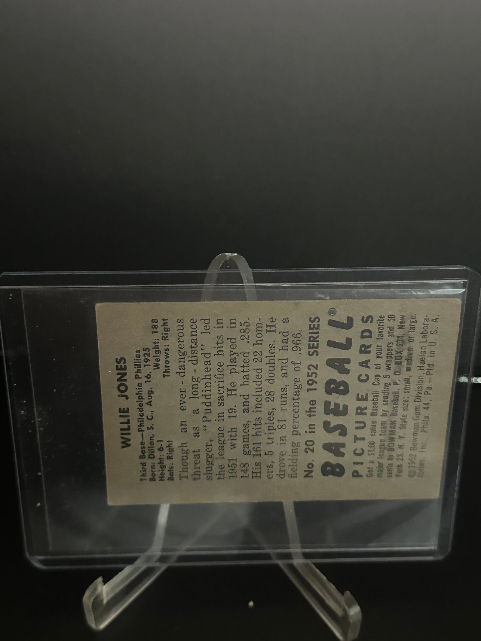 1952 Bowman #20 Willie Jones Baseball Card: This collectible features a 1952 baseball card of Bowman #20 Willie Jones