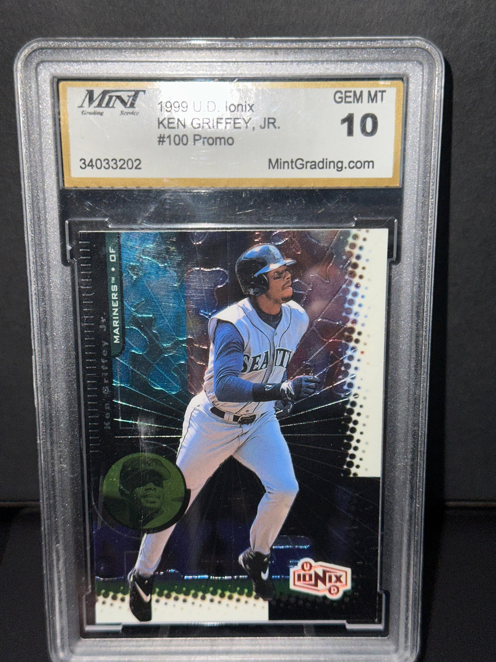 1999 Upper Deck Ionix Sample #100 Ken Griffey Jr Gaded 10 Seattle Mariners - Pop 1 (1 of 2)