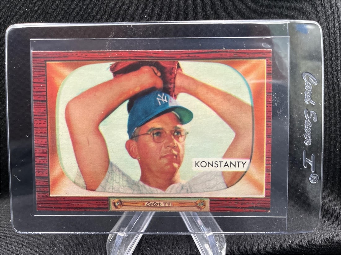 This is a vintage 1955 Bowman #231 baseball card featuring pitcher Jim Konstanty.: Casimir James "Jim" Konstanty (1917–1976) was a prominent pitcher who notably won the National League MVP award in 1950 while pitching for the Philadelphia Phillies,